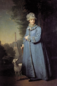 Catherine the Great with her whippet dog in her gardens, oil by Vladimir Borovikovsky c 1794. Chesme Column in the background commemorates Russian naval victories in Turkey